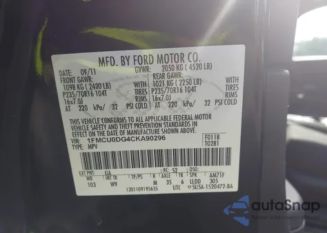 2012 Ford Escape Xlt z USA, uszkodzony, nr VIN 1FMCU0DG4CKA90296